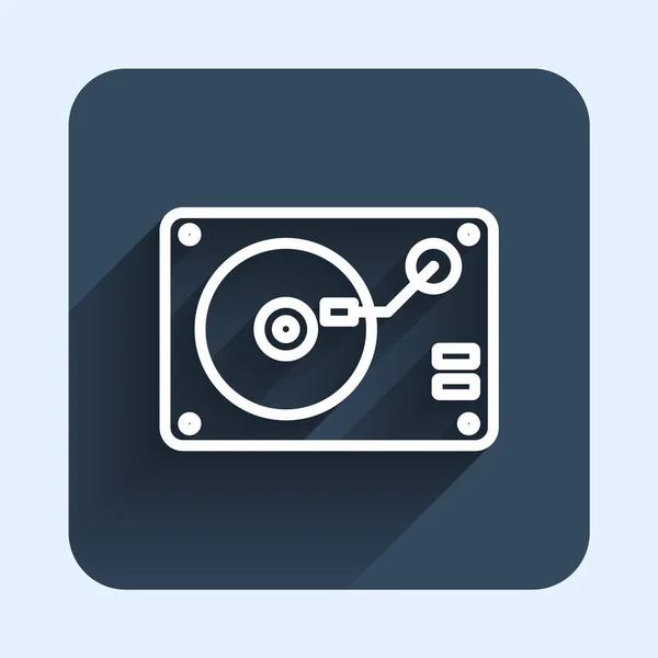 White line Vinyl player with a vinyl disk icon isolated with long shadow background. Blue square button. Vector — Archivo Imágenes Vectoriales