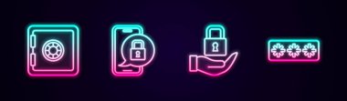 Hat güvenli, cep telefonu asma kilitli, kilit ve şifre korumalı. Parlayan neon ikonu. Vektör