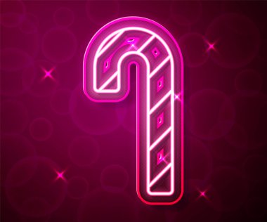 Kırmızı arka planda izole edilmiş çizgili parlak neon çizgili Noel şekeri çubuğu. Mutlu Noeller ve mutlu yıllar. Vektör