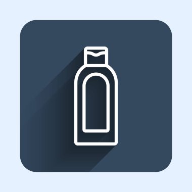 Beyaz çizgi şampuan şişesi uzun gölge arkaplan izole. Mavi kare düğme. Vektör