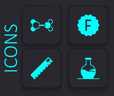 Test tüpünü, molekülü, sınav kağıdını yanlış cevaplarla ve cetvel simgesiyle ayarla. Siyah kare düğme. Vektör