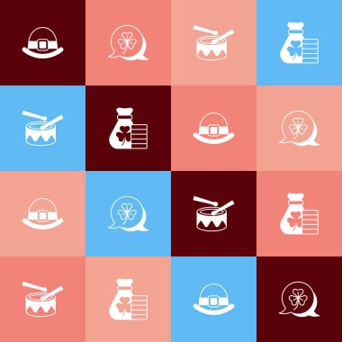 Pop Art Cüce şapkası, Clover folyo yaprağı, bagetli davul ve para çantası yoncası ikonu. Vektör