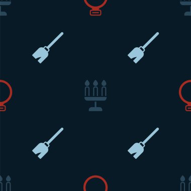 Sihirli taş yüzük, şamdan ve cadı süpürgesini pürüzsüz desen üzerine yerleştir. Vektör