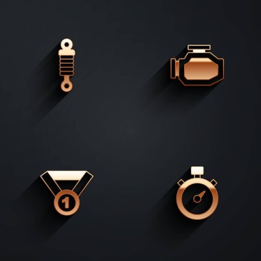 Şok emicisini, motoru, madalyayı ve uzun gölgeli Stopwatch simgesini ayarla. Vektör