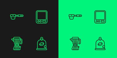 Kahve çekirdeği torbası, kahve makinası, filtre tutacağı ve elektronik ölçek ikonu. Vektör