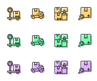 Depo 'yu kutularla, karton pullarla, kargo kamyonlarıyla ve arama paketleriyle donatın. Vektör