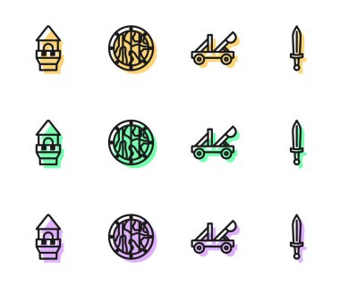 Ortaçağ mancınığı, kale kulesi, yuvarlak ahşap kalkan ve kılıç ikonu. Vektör