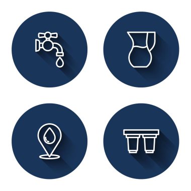 Hattı kurun su musluğu, su dolu sürahi bardaklar, konumu bırakın ve uzun gölgeli fişekleri filtreleyin. Mavi daire düğmesi. Vektör