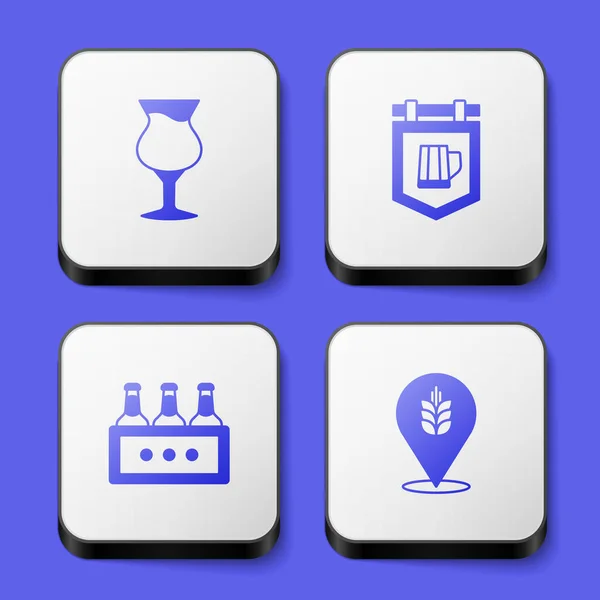 Set Glass of beer, Street signboard with, Pack bottles and Wheat icon. White square button. Vector — Stockvektor