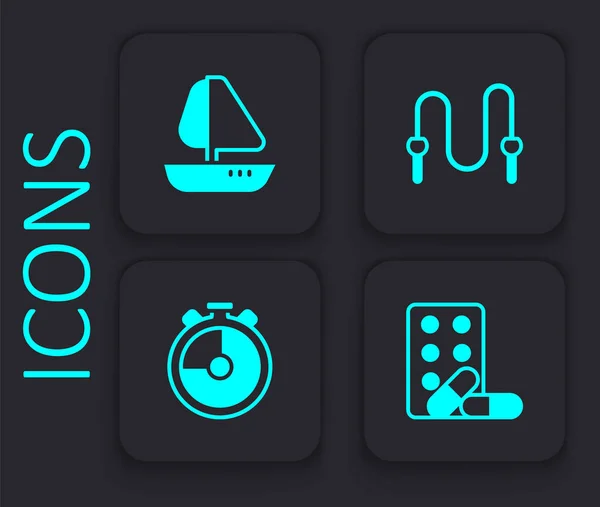 Set Sports doping with dumbbell, Yacht sailboat, Jump rope and Stopwatch icon. Black square button. Vector — стоковый вектор