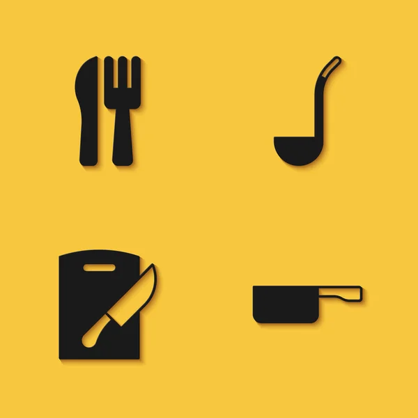 Set Crossed knife and fork, Frying pan, Cutting board and Kitchen ladle icon with long shadow. Vector — Stock Vector