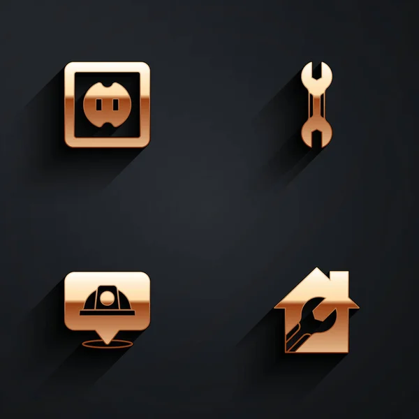 Set Steckdose, Schlüsselschlüssel, Arbeiter-Schutzhelm und Haus mit Schraubenschlüssel-Symbol mit langem Schatten. Vektor — Stockvektor