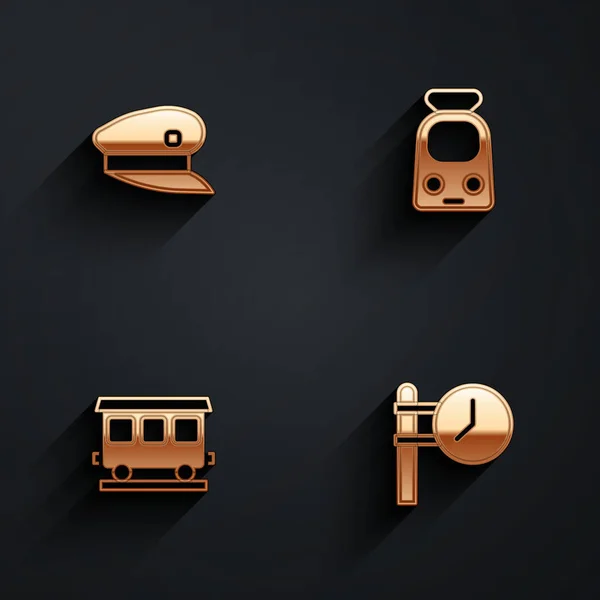 Set Train driver hat, and railway, Passenger train cars and station clock icon with long shadow. Vector — Vetor de Stock