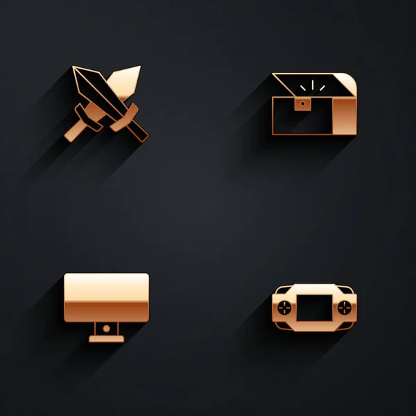 Set Sword for game, Chest, Computer monitor and Portable video console icon with long shadow. Vector —  Vetores de Stock