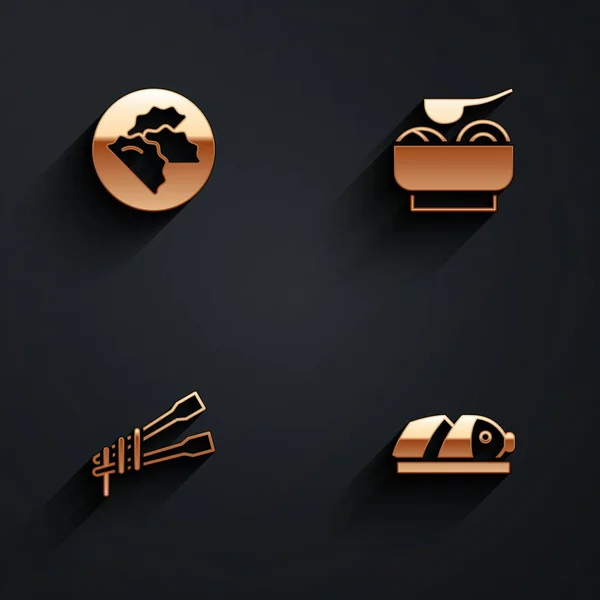 Set Dumpling, Ramen soup bowl, Food chopsticks with noodles and Fish sliced pieces icon with long shadow. Vector — Stockvector