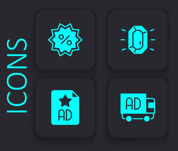 Set Advertising on truck, Discount percent tag, Diamond and icon. Black square button. Vector — ストックベクタ