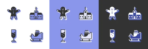 Set Christmas santa claus sleigh, Holiday gingerbread man cookie, Glass of champagne and Church building icon. Vector — Vettoriale Stock