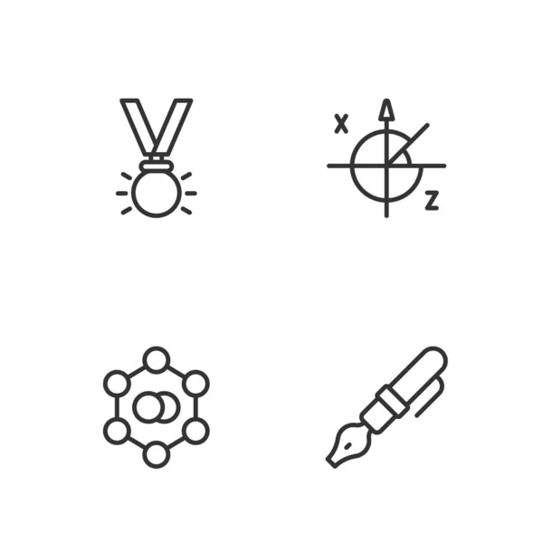 Set line plume de stylo plume, Molécule, Médaille et icône de cercle trigonométrique. Vecteur — Image vectorielle