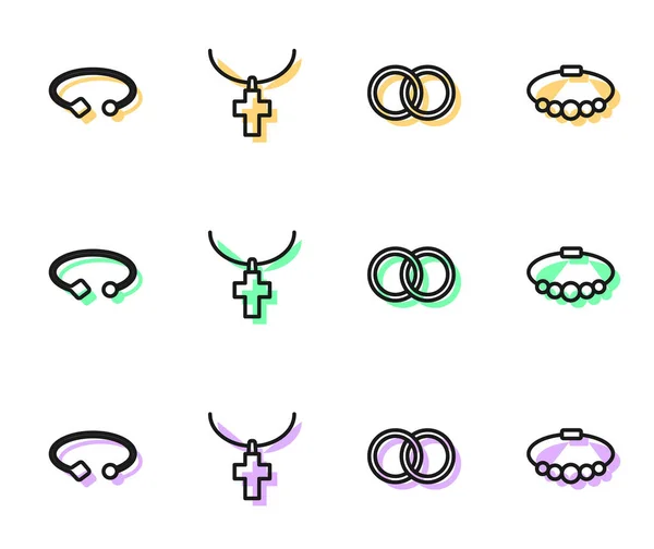 Set line Bagues de mariage, bijoux bracelet, croix chrétienne sur la chaîne et l'icône. Vecteur — Image vectorielle