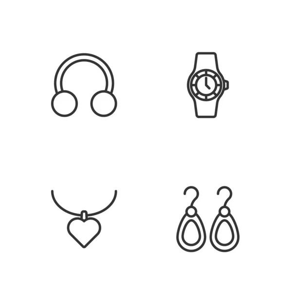 Set line Pendientes, Collar con forma de corazón, Piercing y muñeca icono del reloj. Vector — Archivo Imágenes Vectoriales