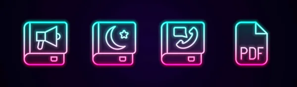 Set line Book, Holy book of Koran, Phone and PDF file document. Glowing neon icon. Vector — Stok Vektör