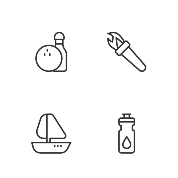 Set line Fitness shaker, Yacht sailboat, Bowling pin and ball and Torch flame icon. Vector — Wektor stockowy