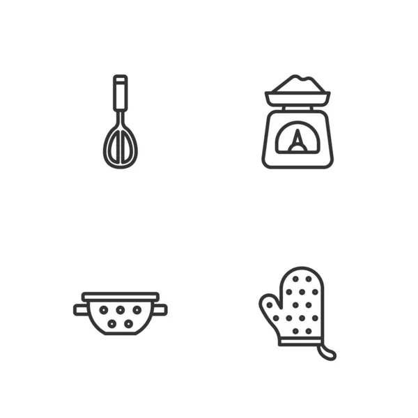 Set line Oven glove, Kitchen colander, whisk and Scales icon. Vector —  Vetores de Stock
