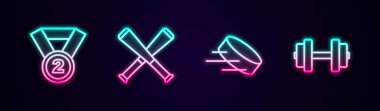 Set hattı madalyası, çapraz beyzbol sopası, hokey topu ve Dumbbell. Parlayan neon ikonu. Vektör