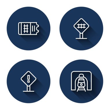 Tren bileti, demiryolu geçişi, ünlem meydanı ve uzun gölgeli tren yolu tüneli. Mavi daire düğmesi. Vektör