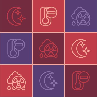 Ay ve yıldızlar, asit yağmuru radyoaktif bulut ve termometre simgesi. Vektör