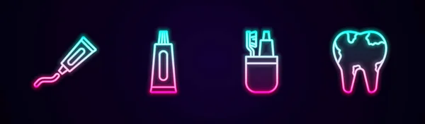 Set line Tube of toothpaste, Toothbrush and and Broken. Glowing neon icon. Vector — Image vectorielle