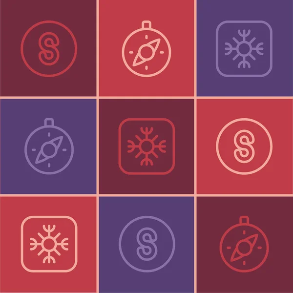 Set line Compass south, Snowflake and icon. Vector — Vettoriale Stock