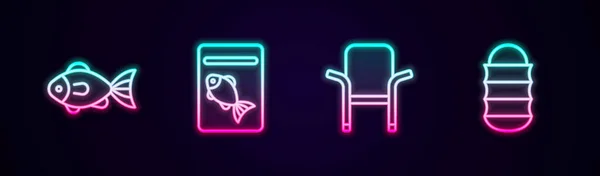 Set line Fish, Served fish on plate, Camping folding chair and Fishing net. Glowing neon icon. Vector — Vetor de Stock