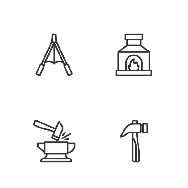Set line Hammer, Anvil and hammer, Air blower bellows and Blacksmith oven icon. Vector — Stockový vektor