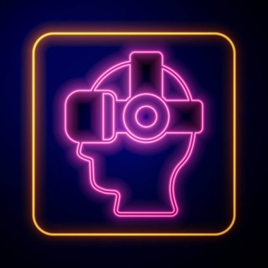 Parlayan neon gözlük simgesi siyah arkaplanda izole edildi. Stereoskopik 3D VR maskesi. Optik baş monte edildi. Vektör