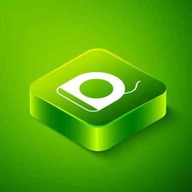 Isometric diş ipi simgesi yeşil arka planda izole edildi. Yeşil kare düğmesi. Vektör