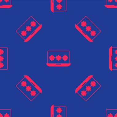 Kırmızı dizüstü bilgisayar ve parola bildirim simgesi mavi arkaplanda izole edilmiş. Güvenlik, kişisel erişim, kullanıcı yetkisi, giriş formu. Vektör