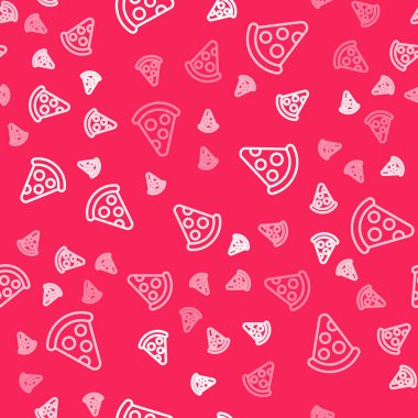 Kırmızı arka planda beyaz çizgi halinde pizza ikonu izole edilmiş. Fast food menüsü. Vektör