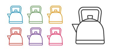 Kettle satırını beyaz arkaplanda izole edilmiş tutuş simgesi ile ayarla. Çaydanlık ikonu. Simgeleri renklendirin. Vektör