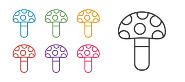 Beyaz arkaplanda izole edilmiş Psilocybin mantar simgesini ayarla. Psikedelik halüsinasyon. Simgeleri renklendirin. Vektör