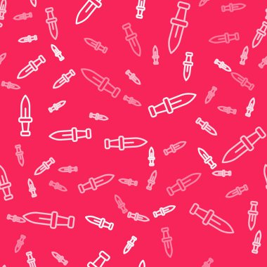 White line Dagger icon isolated seamless pattern on red background. Knife icon. Sword with sharp blade.  Vector