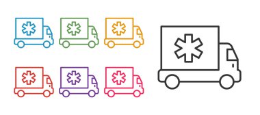 Beyaz arka planda ambulans ve acil durum ikonu izole edildi. Ambulans aracı tıbbi tahliye. Simgeleri renklendirin. Vektör