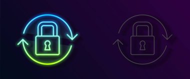 Parlayan neon çizgi simgesi siyah arkaplanda izole edildi. Asma kilit işareti. Güvenlik, güvenlik, koruma, gizlilik kavramı. Vektör