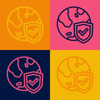 Dünya küresi ikonuna sahip pop sanat hattı kalkanı renk arkaplanında izole edilmiş. Sigorta konsepti. Güvenlik, güvenlik, koruma, gizlilik kavramı. Vektör