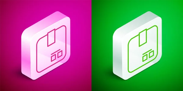 Icono Caja Cartón Línea Isométrica Aislado Sobre Fondo Rosa Verde — Vector de stock