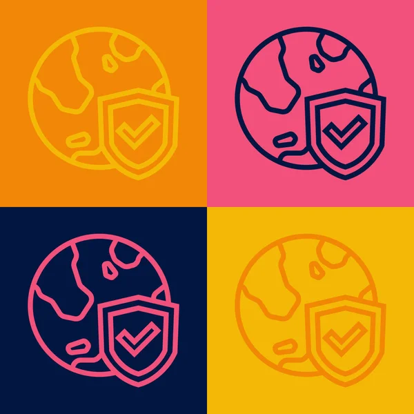 Dünya küresi ikonuna sahip pop sanat hattı kalkanı renk arkaplanında izole edilmiş. Sigorta konsepti. Güvenlik, güvenlik, koruma, gizlilik kavramı. Vektör