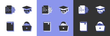 Set Student working at laptop, Exam sheet with A plus grade, Book and Graduation cap on globe icon. Vector