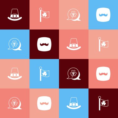 Pop sanat leprikon şapkası, yoncalı İrlanda bayrağı, folyo yaprağı ve bıyık ikonu koyun. Vektör