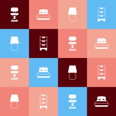 Popüler sanat ofis sandalyesini, büyük yatağı, masa lambasını ve çekmece simgesini ayarla. Vektör