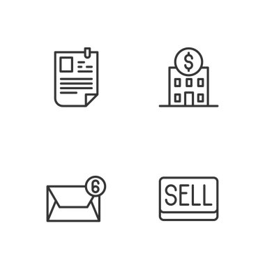 Satın alma düğmesi, e- posta ve e-posta, Özgeçmiş ve Banka binası simgesi ayarla. Vektör